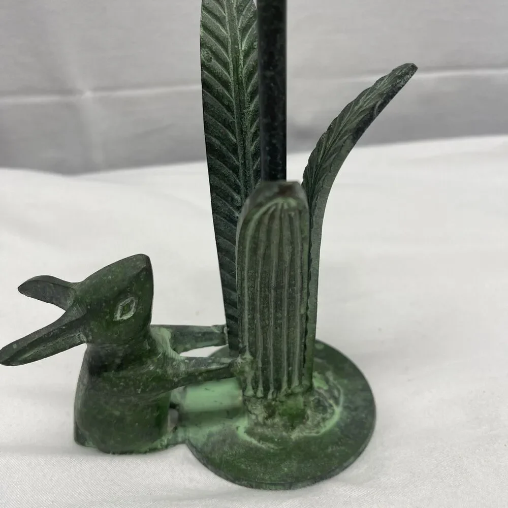 Vintage Cast Metal Rabbit Bunny Candleholder w/ Leaves 7